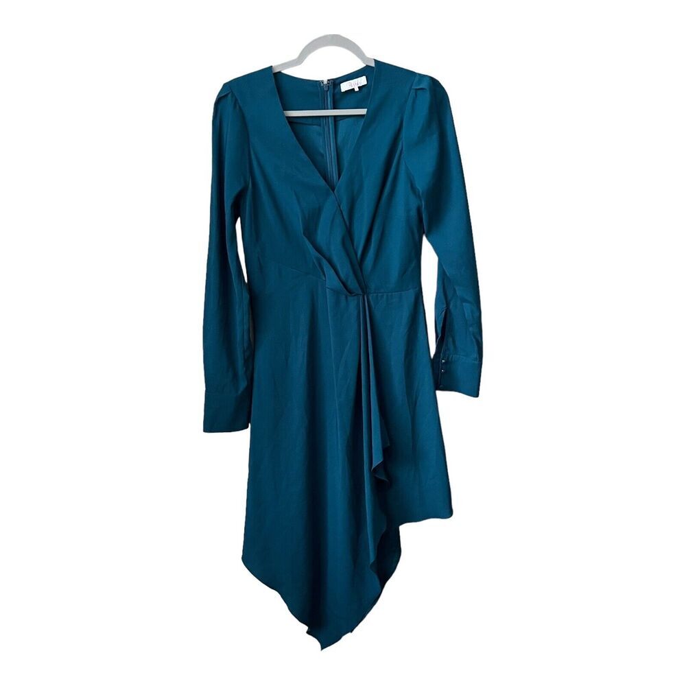 Parker Dress Womens Medium Teal Green V Neck Chiffon Ruffle Asymmetrical‎ Length